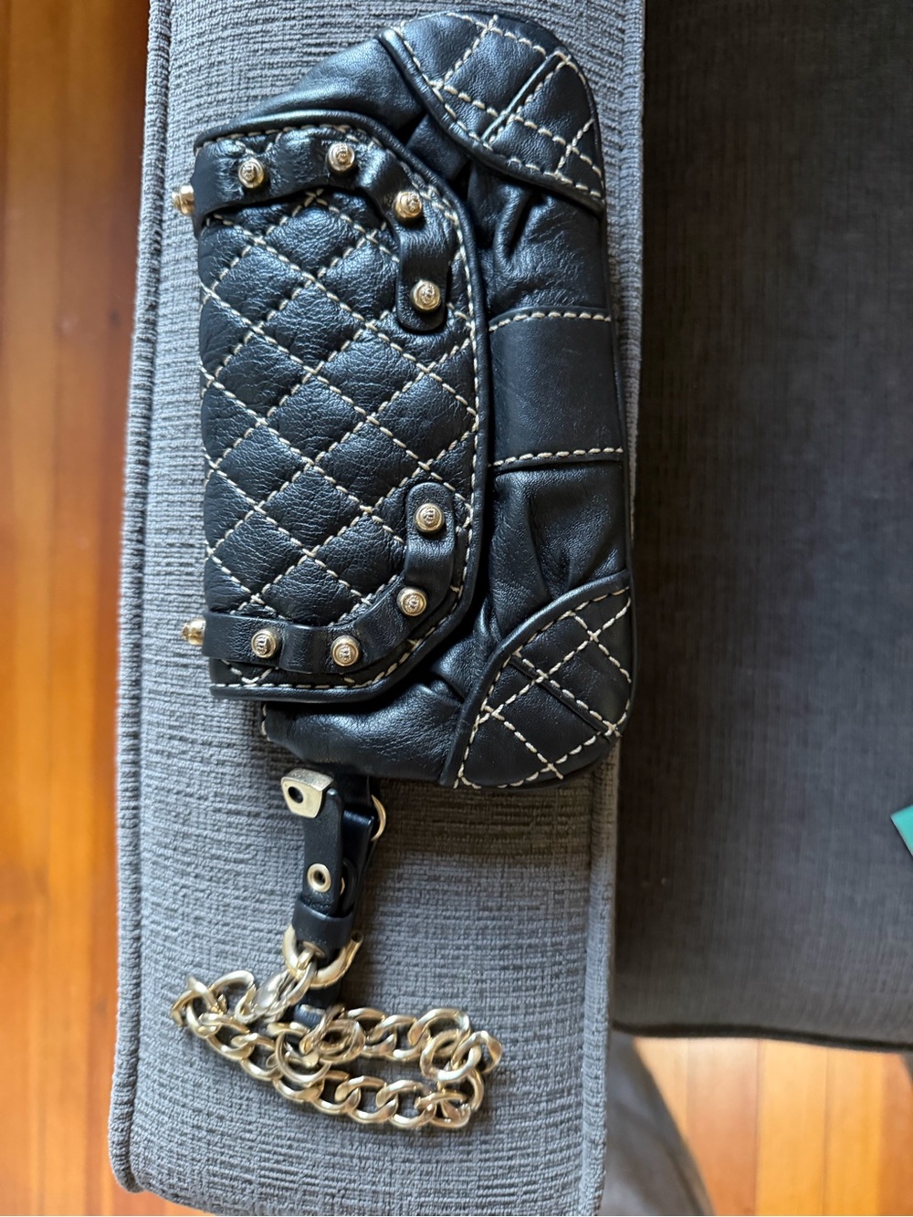 Juicy Black Quilted Leather Wristlet with Chain